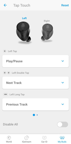 Customizable tap-touch controls for each earbud
