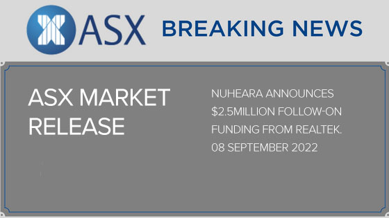 Nuheara Announces $2.5Million Follow-on Funding From Realtek – 08 September 2022