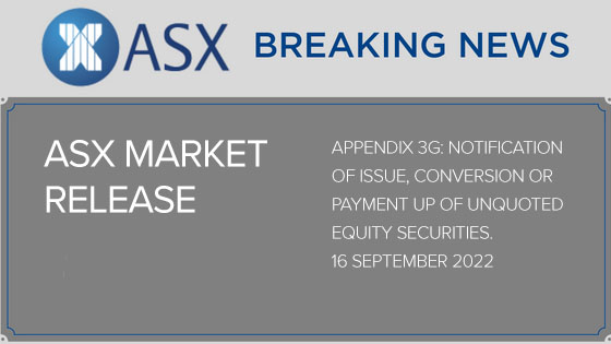 Appendix 3G: Notification of Issue, Conversion or Payment up of Unquoted Equity Securities